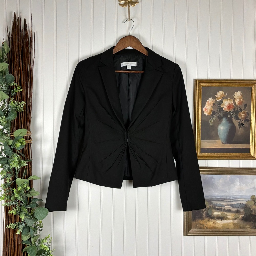 New York & Company Blazer Womens 2 Black Excellent Sunburst Pleated Hook Eye‎